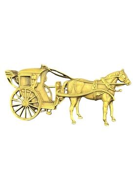 Horse & carriage cart gold tone vintage brooch pin P&E